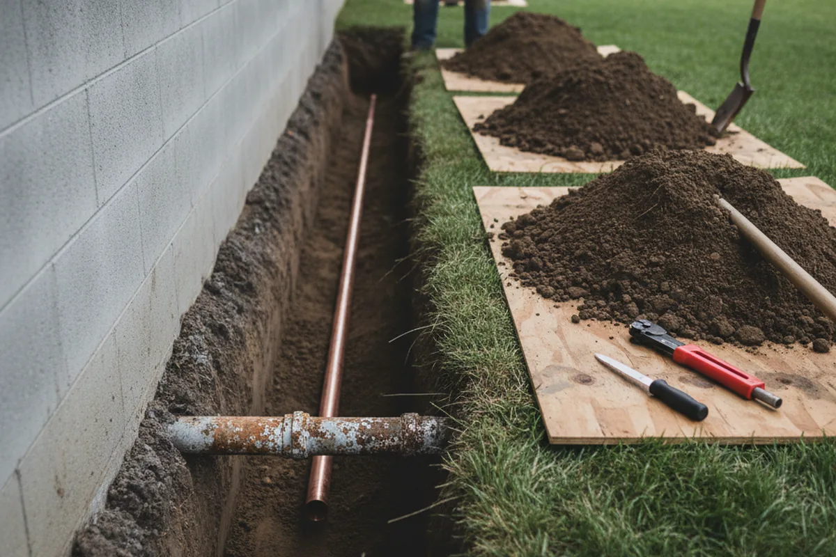 Excavated water line trench during Water Softener Installation in Erie